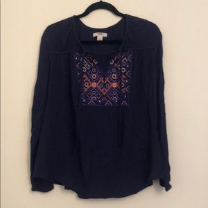 Embroidered tie-front long sleeve blouse
